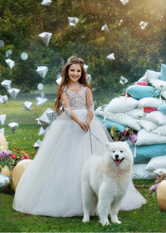 Ivory Lace Tulle Buttons Back Flower Girl Dress Communion Dress Ivory Lace Tulle Buttons Back Flower Girl Dress Communion Dress
